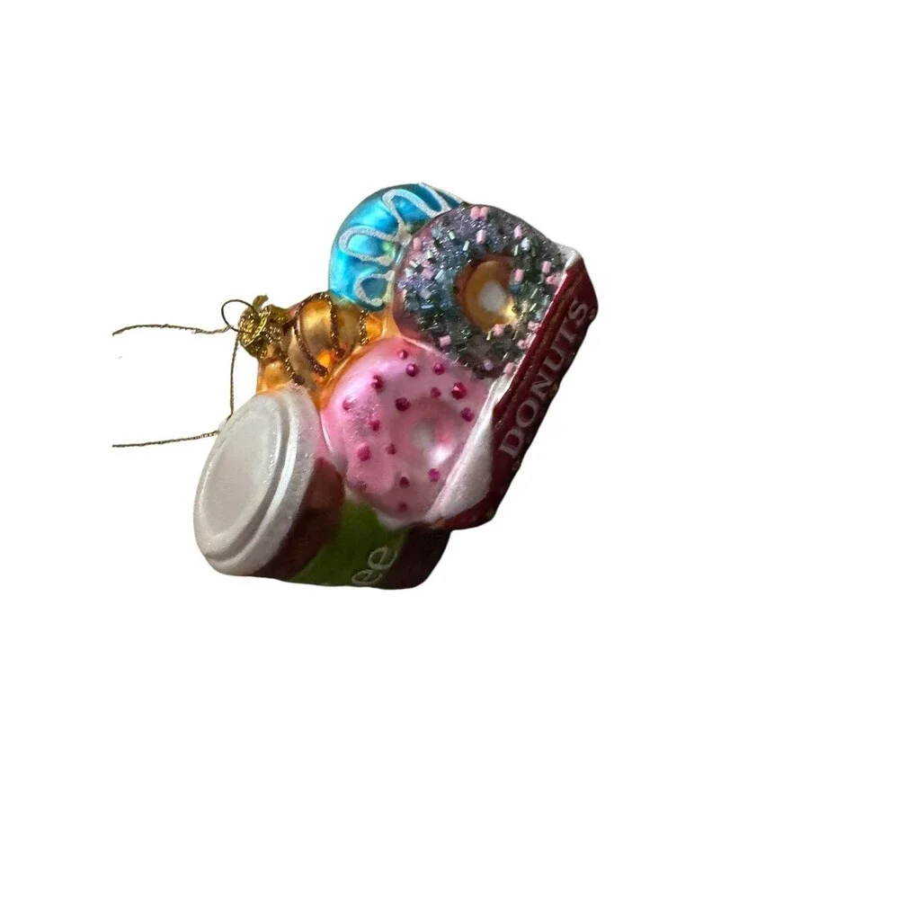 Macy’s Holiday New Glass Donuts In Box w/Coffee Cup Christmas Ornament 5